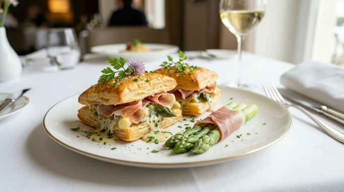 Blätterteigtaschen mit Spargel und Schinken auf weißen Teller und edel gedeckten Tisch.