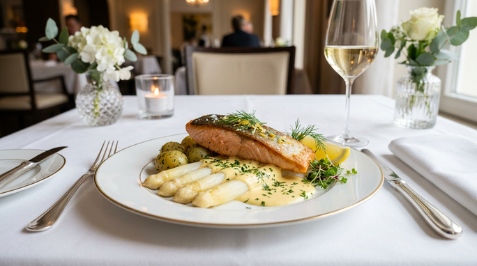 Lachsforelle mit Spargel auf weißen Teller und edel gedeckten Tisch.