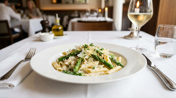 Penne mit grünen Spargel auf weißen Teller und edel gedeckten Tisch.