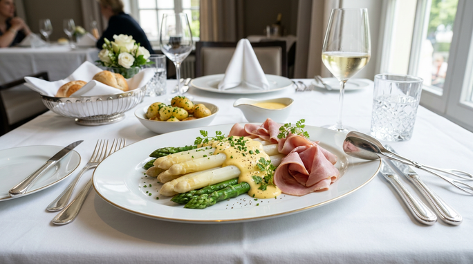 Weiß-grüne Spargelplatte mit Schinken auf weißen Teller und edel gedeckten Tisch.