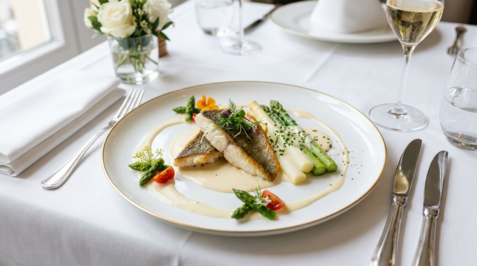 Zanderfilet mit Spargel und Champagnersauce auf weißen Teller und edel gedeckten Tisch.